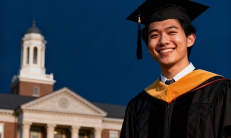 phd student enjoys infront of a university